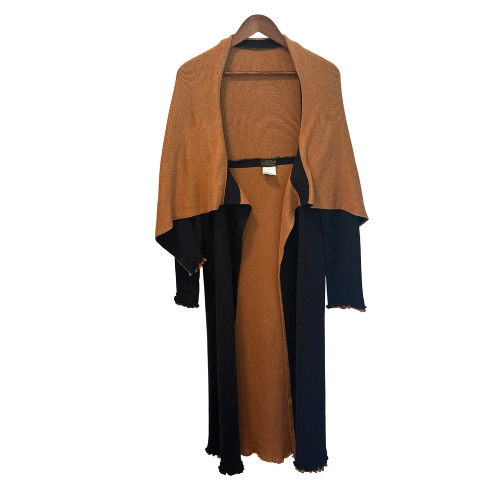 RARE Vintage Linda Lundstrom‎ Camel Black 100% Cotton Shawl Long Cardigan Large